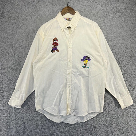 Vintage Looney Tunes Shirt Men's Medium White Sylvester Tweety Button Down 90s - Picture 1 of 16
